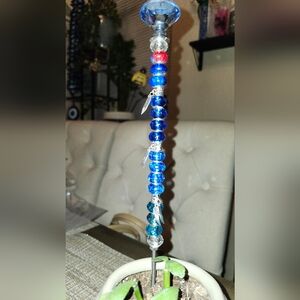 Hand Crafted Blue and Red Beaded With Angel Wings Charms Plant/garden Stake